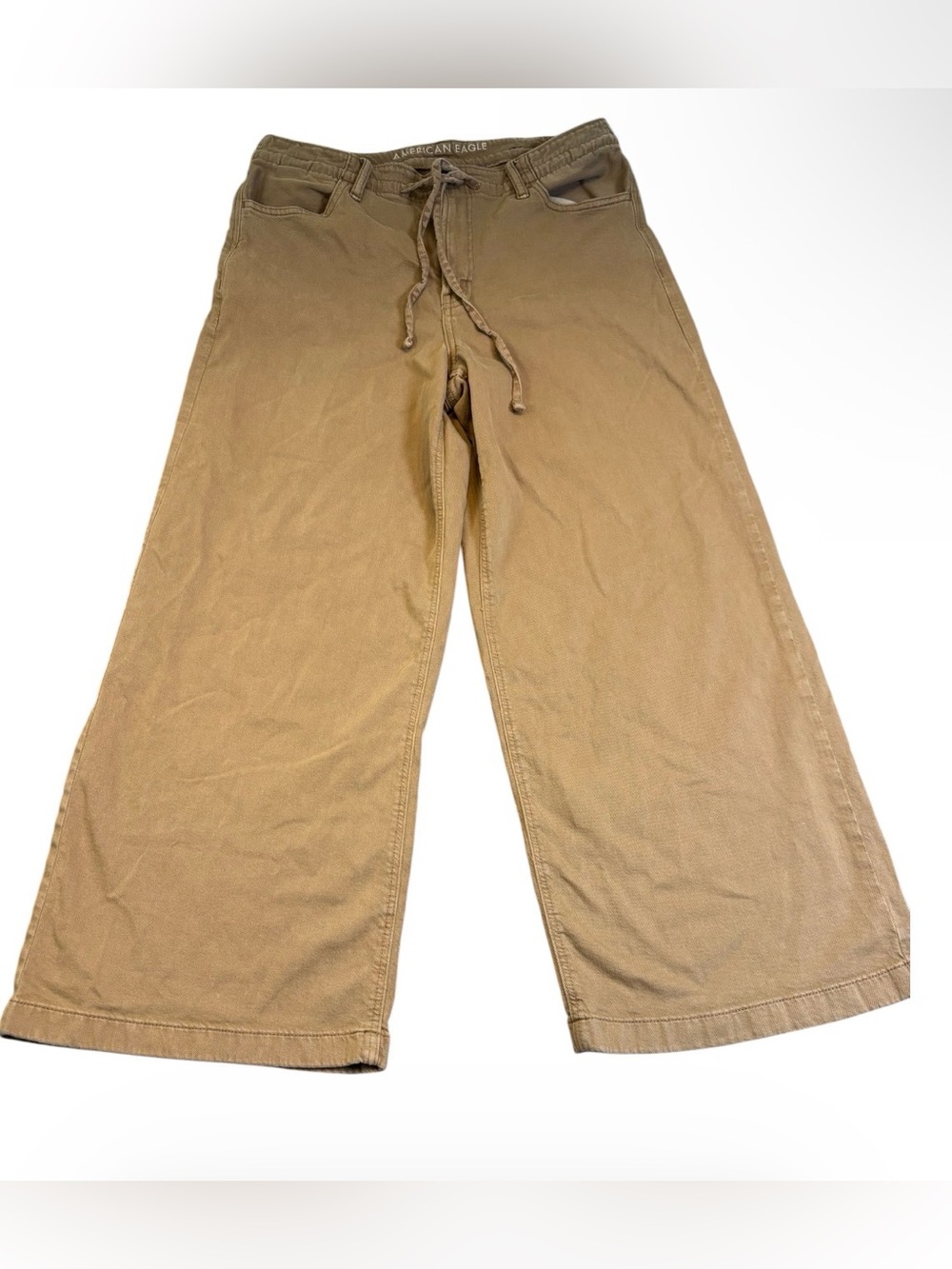 American Eagle Dreamy Drape Wide Leg Pants Tan Drawstring 8 Short EUC